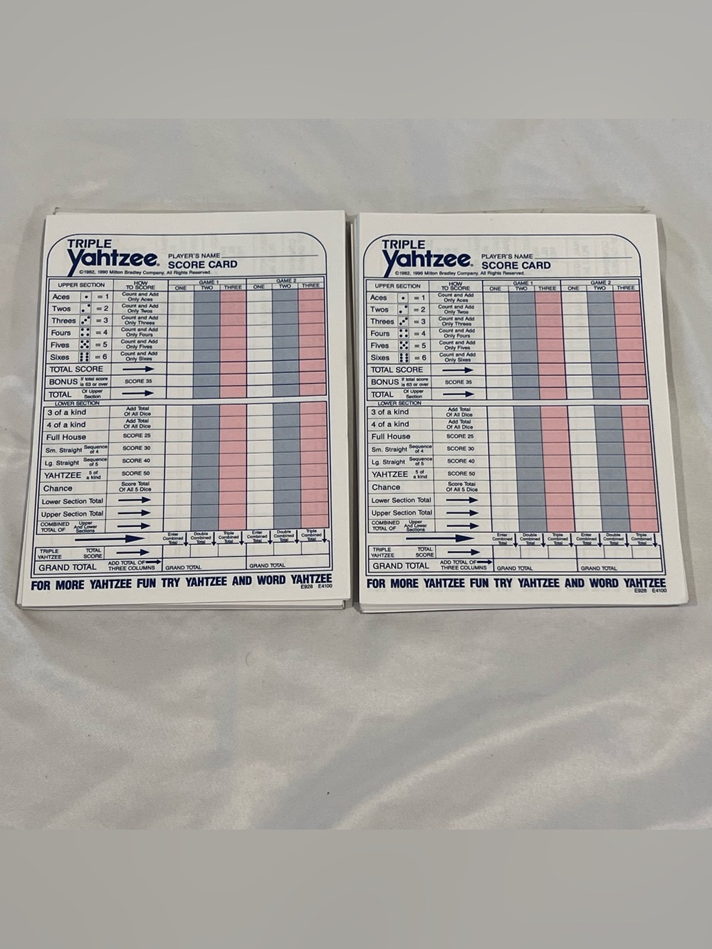 Vintage 1982 Milton Bradley Triple Yahtzee Score Pads Set of 2 Replacement Pads
